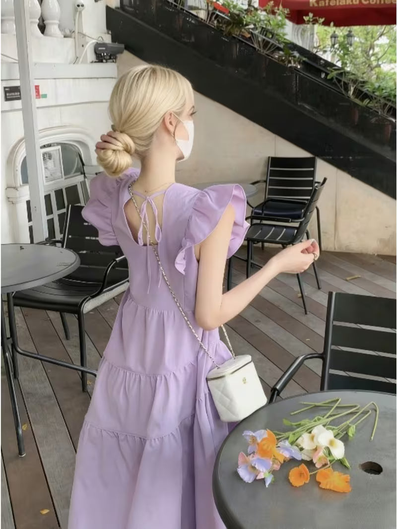 New Summer Women'S Stylish Butterfly Sleeve French Beach Vacation Midi Dress - Chic Stunning Dress with Cinched Waist