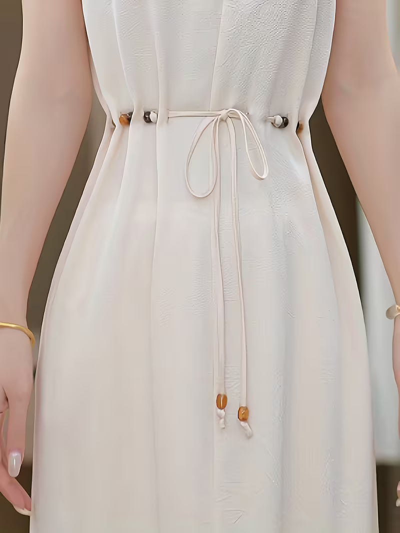 White Minimalist Dress with Geometric Embroidered Drawstring Waist, Sleeveless Long Style Shows Gentle And Elegant Atmosphere