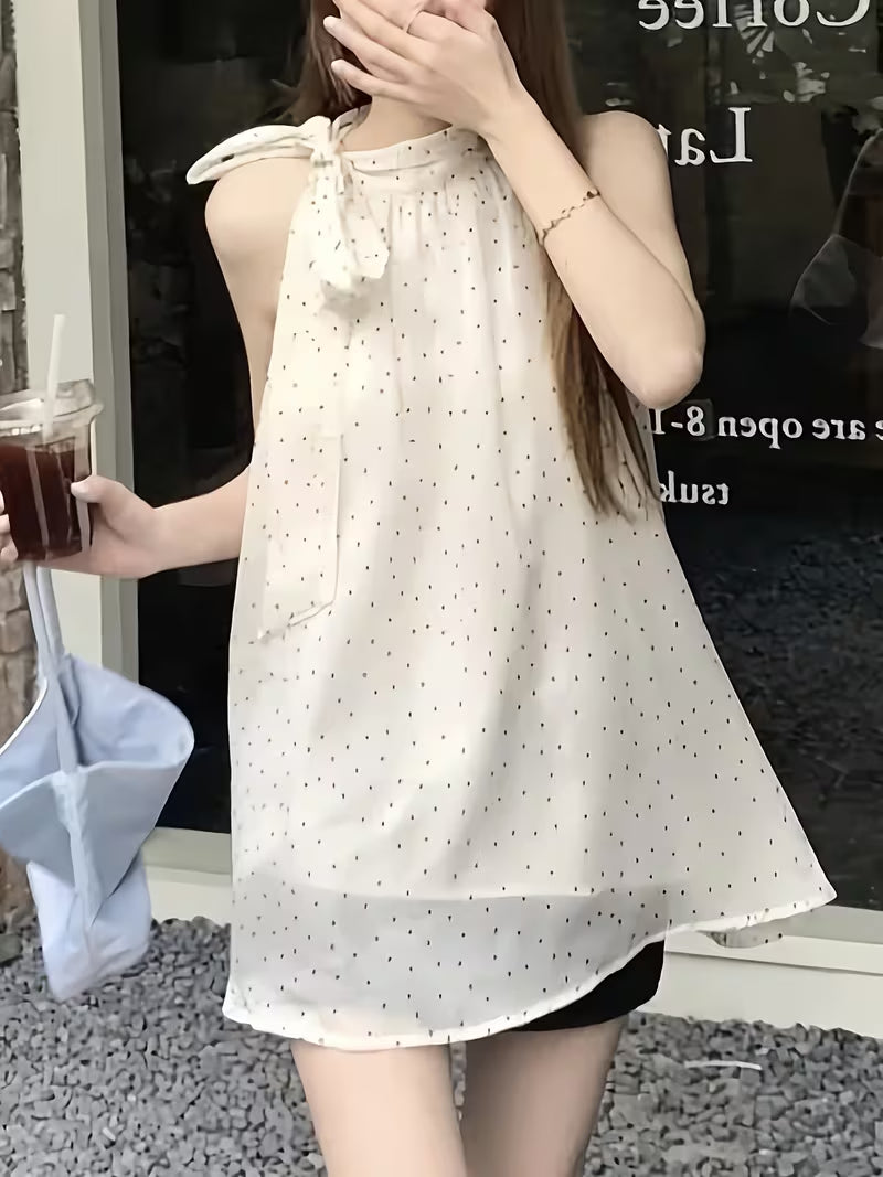 Women's Beige Polka Dot Halter Sleeveless Blouse, Tie-Neck Design & Loose Silhouette, Light Chiffon Fabric, Casual Fresh Outfit