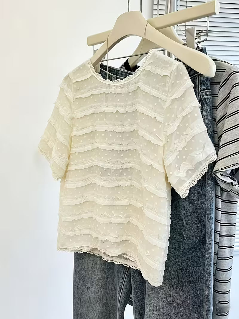 New Summer Style Elegant Lace Trim Short Sleeve Chiffon Blouse for Women, Chic and Pretty Top, Fresh and Popular Item