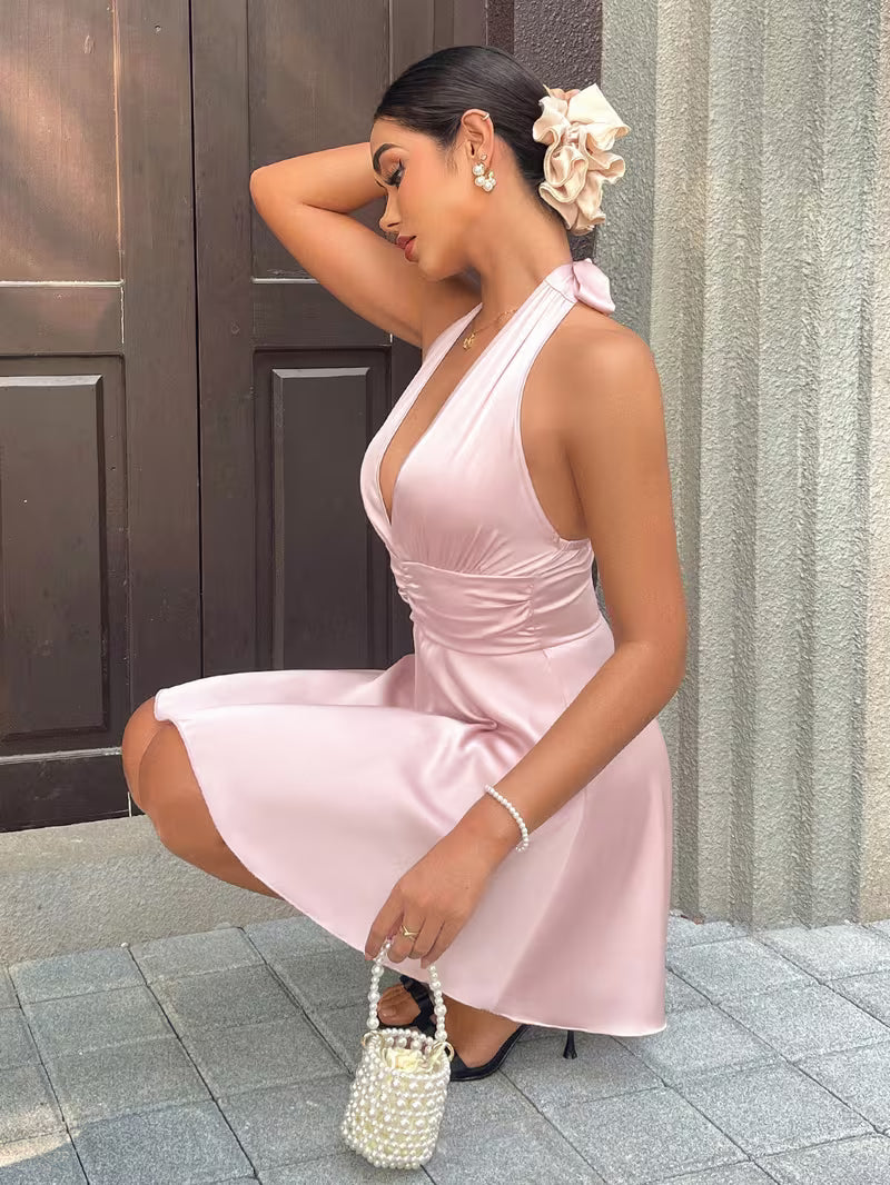 Spring Summer New Solid Color Halter Neck Dress, Deep V Neck with Side Waist Ruching And A-Line Short Skirt, Gentle Style Date Party Evening Dress