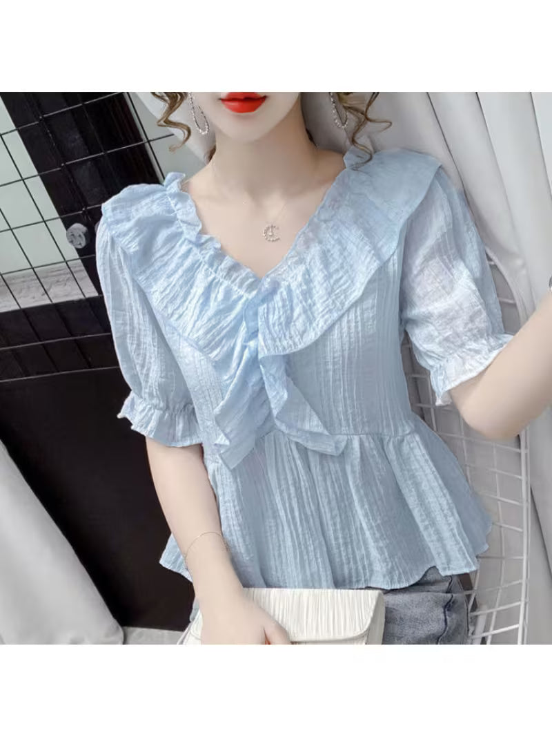 Summer New French Vneck Puff Sleeve Short Shirt for Women, Fashionable, Elegant