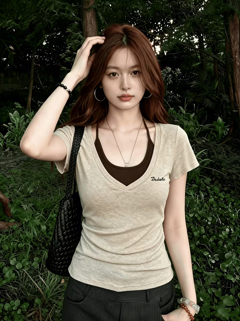 Fake Two-Piece T-Shirt Summer Fashion Outfit Design Pure Desire Style Top