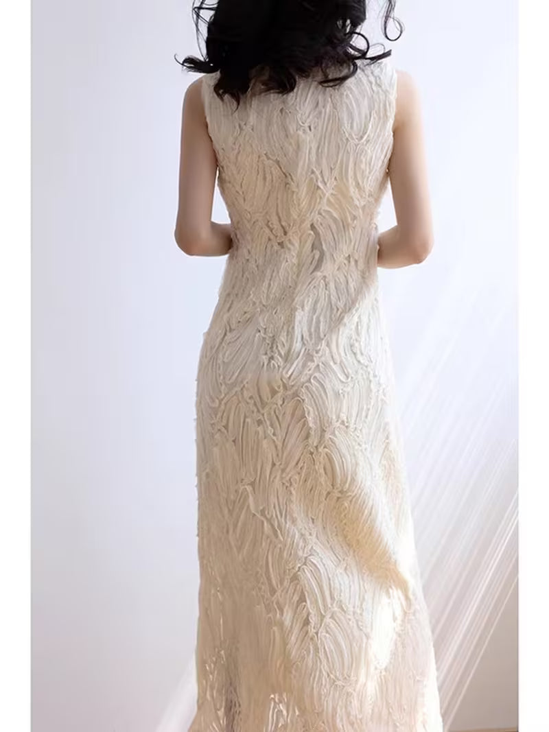 Women'S Elegant Lace Maxi Dress, Sleeveless Tea Dress with Qipao-Inspired Details for Formal Events And Evening Wear