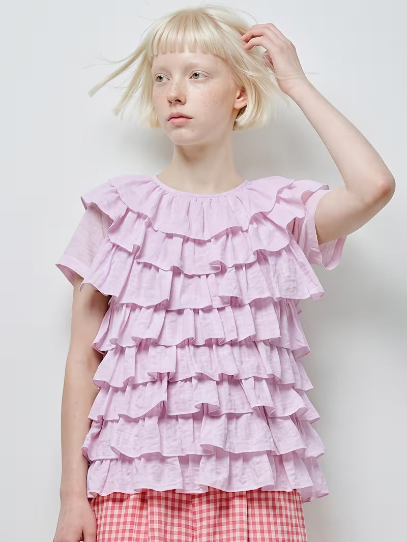 Women'S Round Neck Multi-Layer Ruffled Short Sleeve Blouse, Loose Fit Tiered Frill Casual Pullover Top for Spring Summer Daily Party Street Wear