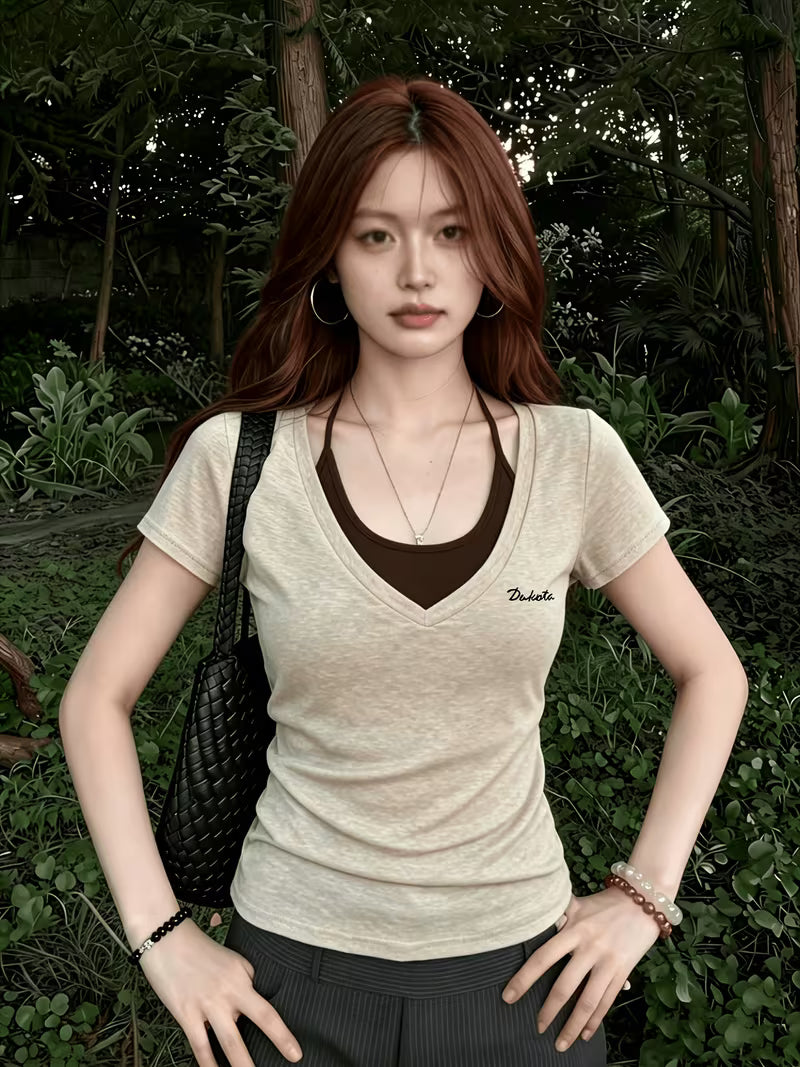 Fake Two-Piece T-Shirt Summer Fashion Outfit Design Pure Desire Style Top