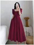 Women's -Neck Square Neck Puff Midi Dress - Short Sleeve A-Line Long Sundress with Pockets