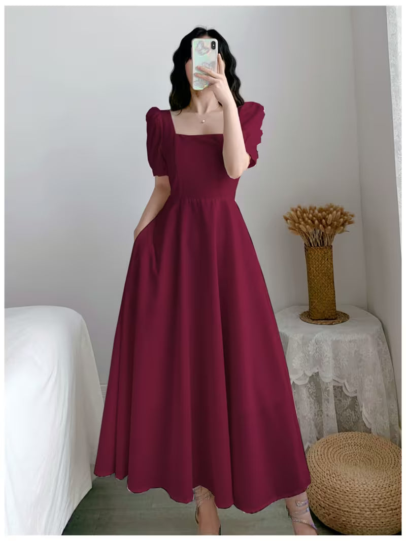 Women's -Neck Square Neck Puff Midi Dress - Short Sleeve A-Line Long Sundress with Pockets