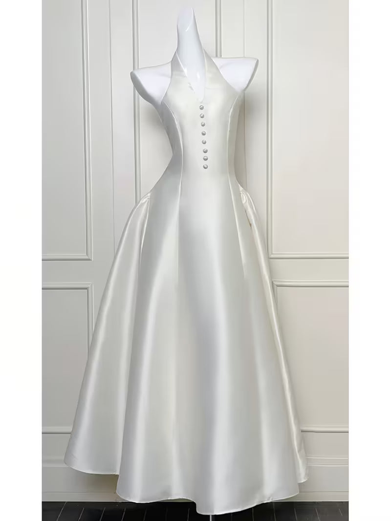 Elegant and Formal Engagement Dress, Women's Halter V-neck Sleeveless Cinched-waist Long Dress