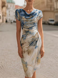 Women'S Elegant Fashion, Pleated High-Neck Printed Midi Dress