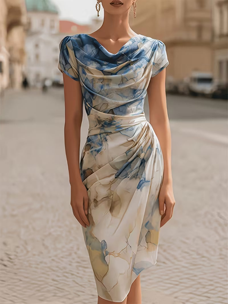 Women'S Elegant Fashion, Pleated High-Neck Printed Midi Dress