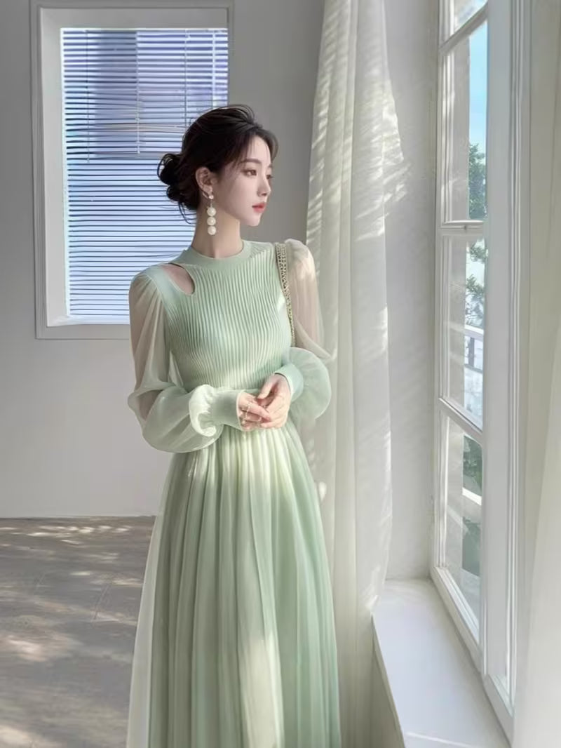 French Light Luxury Elegant -Line Dress - -Neck Semi-Sheer Mesh Long Dress with Green Panel