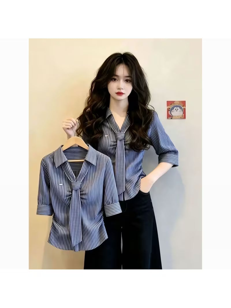 Fashionable Design with A Turn- Collar And Tie, Blue Striped Shirt for Women