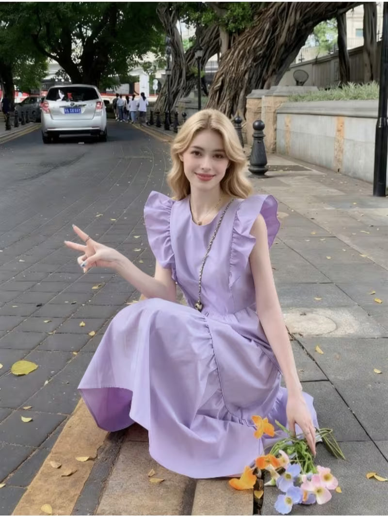 New Summer Women'S Stylish Butterfly Sleeve French Beach Vacation Midi Dress - Chic Stunning Dress with Cinched Waist