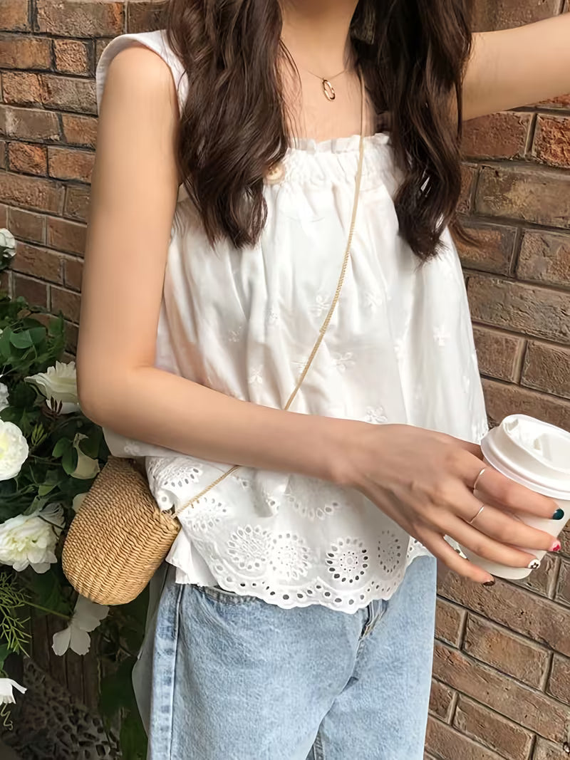 New Summer Square Neck Embroidered Thin Shirt | Women's Loose Small Fresh Outer Wear Camisole Japanese Style Fairy Top