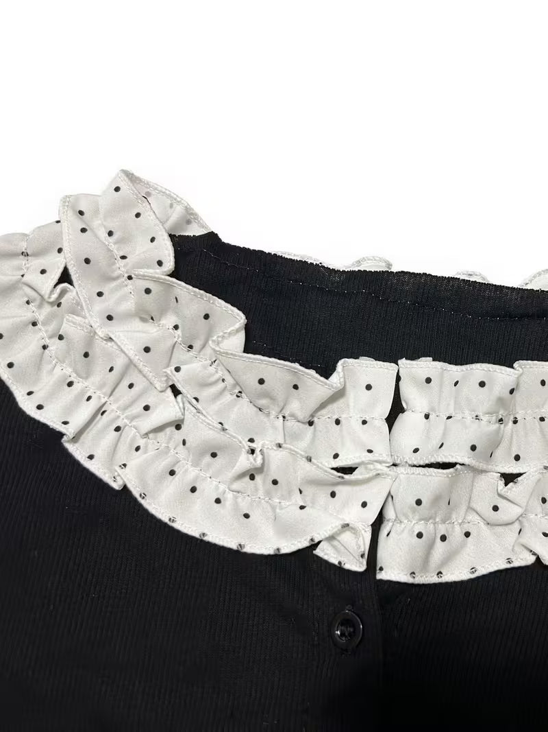 Polka Dot Lace Rich Academy Style Frilly Edge Short-Sleeved T-Shirt Women'S INS Slim Cardigan Top