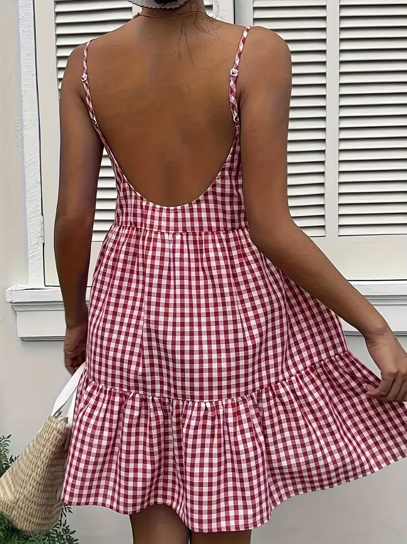 Women'S Summer Sleeveless Off-Shoulder Checkered Dress - a Casual Layered Skirt with Ruffles, Lightweight And Machine Washable