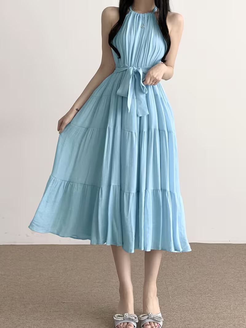 New Spring And Summer Lace-Up Sleeveless Midi Dress, A-Line, Elegant Temperament Women'S Dress