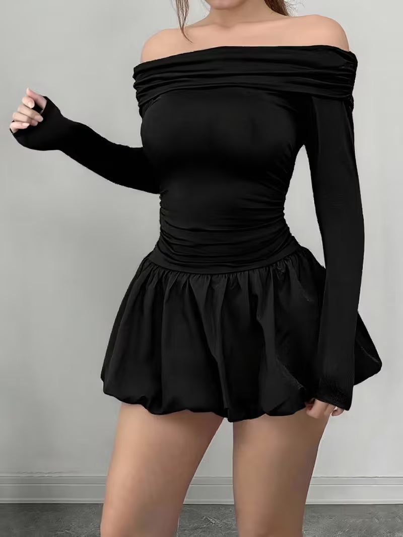 Women Off the Shoulder Mini Dress Solid Color Long Sleeve Bubble Hem Ruched Bodycon Dress
