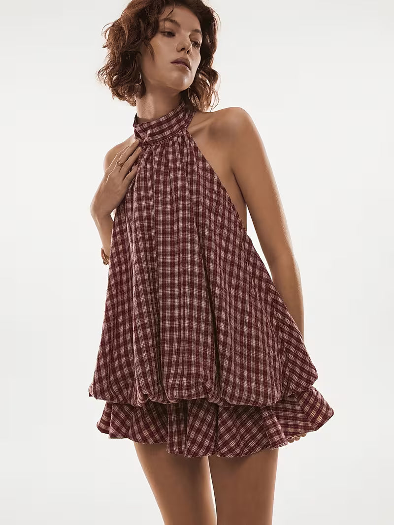 Women's Fashion Plaid Sleeveless Halter Tie-Back Layered Bud Puff Hem Mini Dress, Vintage Plaid Vacation Mini Dress, Sleeveless Dress, Backless Midi Dress