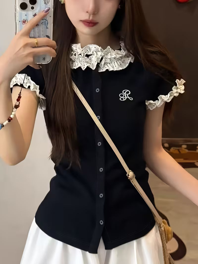 Polka Dot Lace Rich Academy Style Frilly Edge Short-Sleeved T-Shirt Women'S INS Slim Cardigan Top
