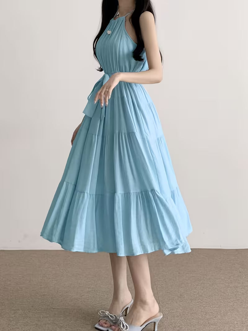 New Spring And Summer Lace-Up Sleeveless Midi Dress, A-Line, Elegant Temperament Women'S Dress