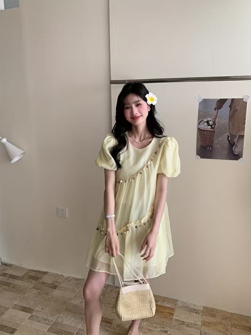 Women's Elegant Summer Dress with Handmade Sequin Detailing - A-Line Flared Midi Dress, Puff Sleeves & Round Neck, Loose Fit Casual Chic