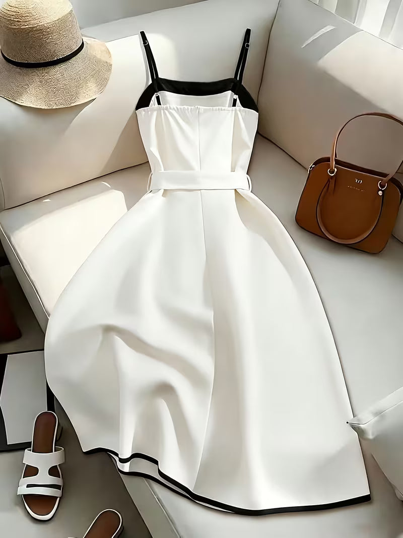 Women'S Spring Summer Black And White Contrast Midi Dress, Spaghetti Strap Dress, Women'S Contrast Dress