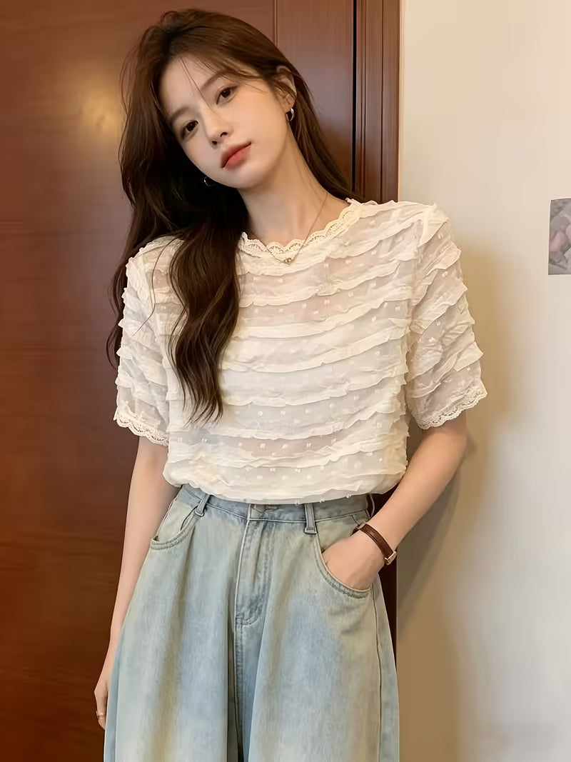 New Summer Style Elegant Lace Trim Short Sleeve Chiffon Blouse for Women, Chic and Pretty Top, Fresh and Popular Item
