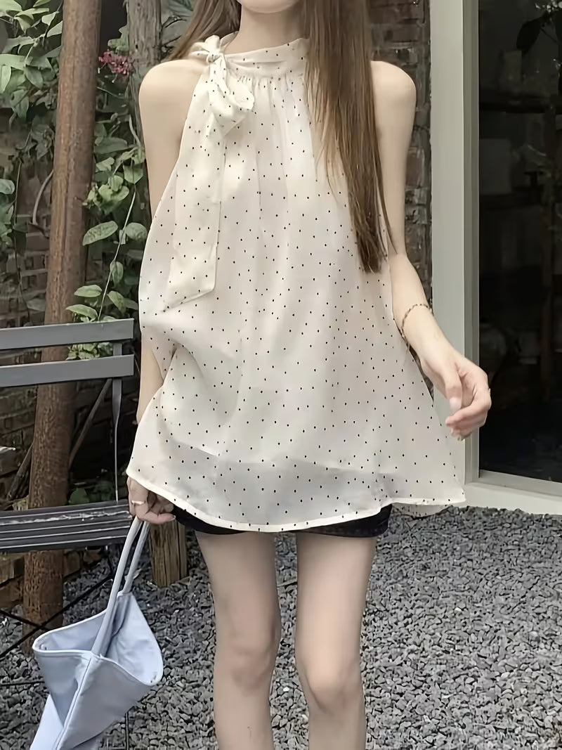 Women's Beige Polka Dot Halter Sleeveless Blouse, Tie-Neck Design & Loose Silhouette, Light Chiffon Fabric, Casual Fresh Outfit