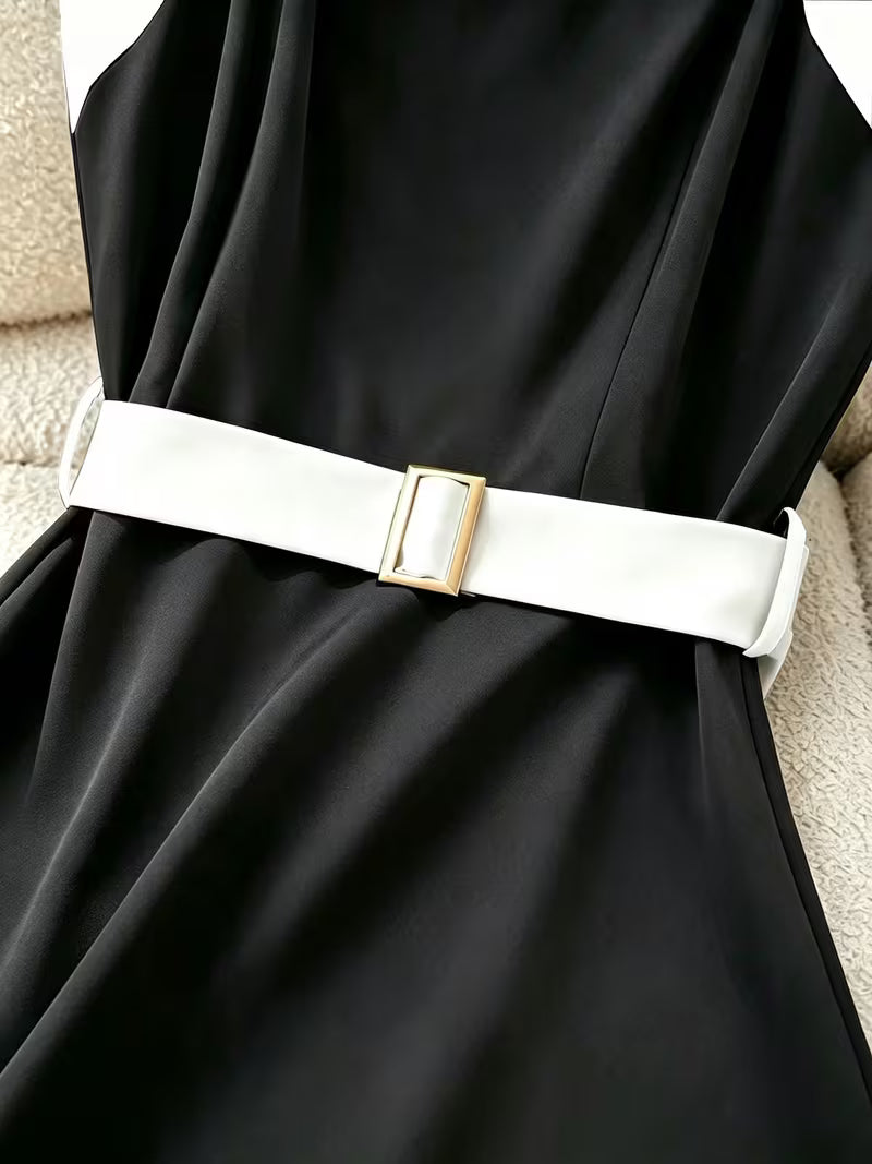 Women'S Spring Summer Black And White Contrast Midi Dress, Spaghetti Strap Dress, Women'S Contrast Dress