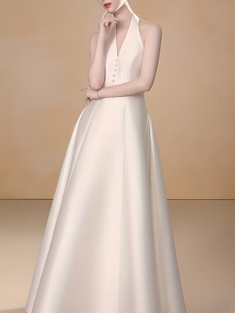 Elegant and Formal Engagement Dress, Women's Halter V-neck Sleeveless Cinched-waist Long Dress