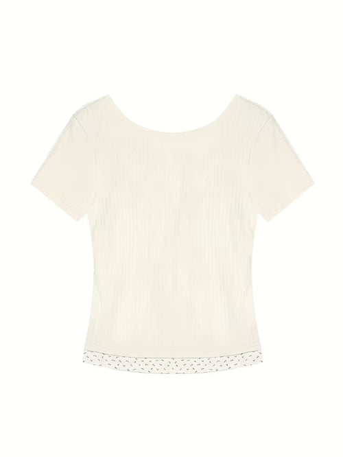2-in-1 Look Off-Shoulder Short Sleeve T-Shirt for Women, New Summer Korean Style Sweet Temperament Slim Fit Floral Print Pure Desire Spicy Top