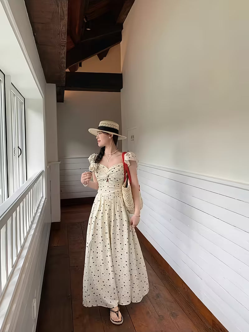 Design Dress Summer New French Temperament Flutter Sleeves Waist-Cinching Mid-Length Floral Dress