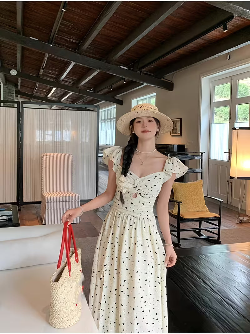Design Dress Summer New French Temperament Flutter Sleeves Waist-Cinching Mid-Length Floral Dress