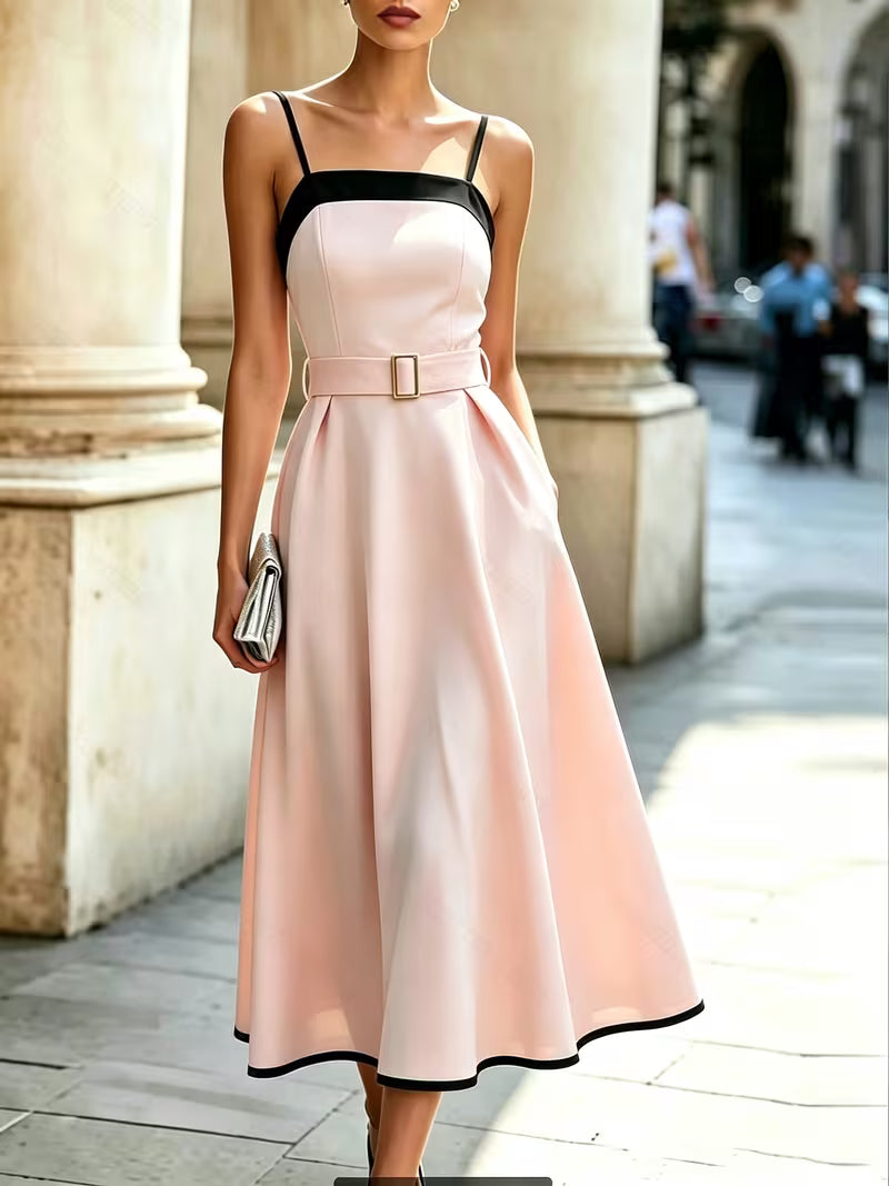 Women'S Spring Summer Black And White Contrast Midi Dress, Spaghetti Strap Dress, Women'S Contrast Dress