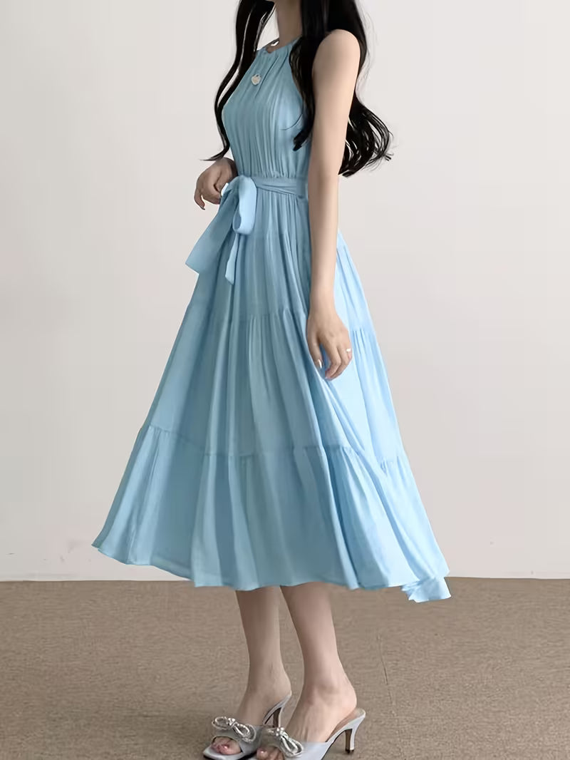 New Spring And Summer Lace-Up Sleeveless Midi Dress, A-Line, Elegant Temperament Women'S Dress