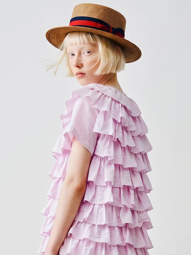 Women'S Round Neck Multi-Layer Ruffled Short Sleeve Blouse, Loose Fit Tiered Frill Casual Pullover Top for Spring Summer Daily Party Street Wear