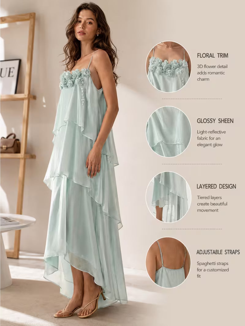 Women Spaghetti Strap Long Dress Layered Cake Skirt Breathable Relaxed Silhouette for Vacation Casual Daily Wear