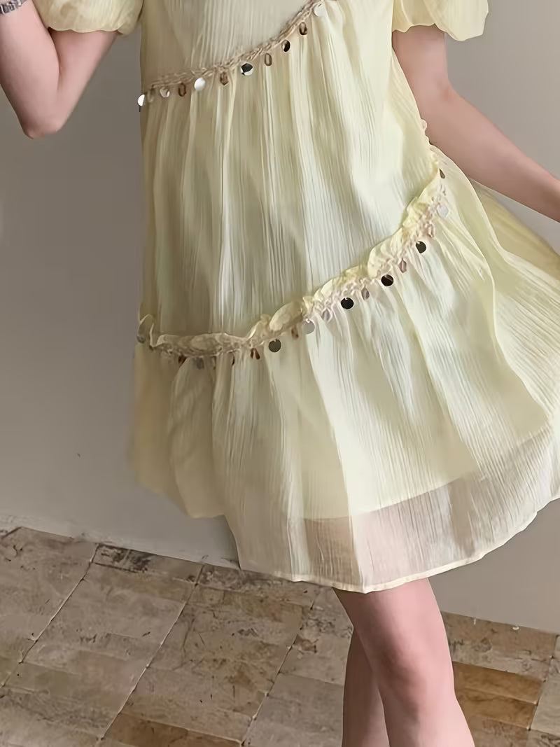 Women's Elegant Summer Dress with Handmade Sequin Detailing - A-Line Flared Midi Dress, Puff Sleeves & Round Neck, Loose Fit Casual Chic