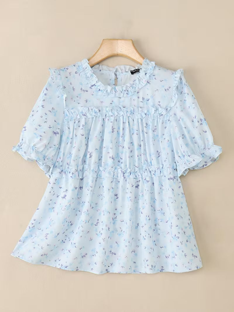 Plus Size - Plus Size - Women'S Girlish Style Ruffle Pleated Blouse Round Neck Puff Short Sleeve Floral Print Summer Tops Lightweight Outdoor Holiday Casual Loose Shirt Plus Size