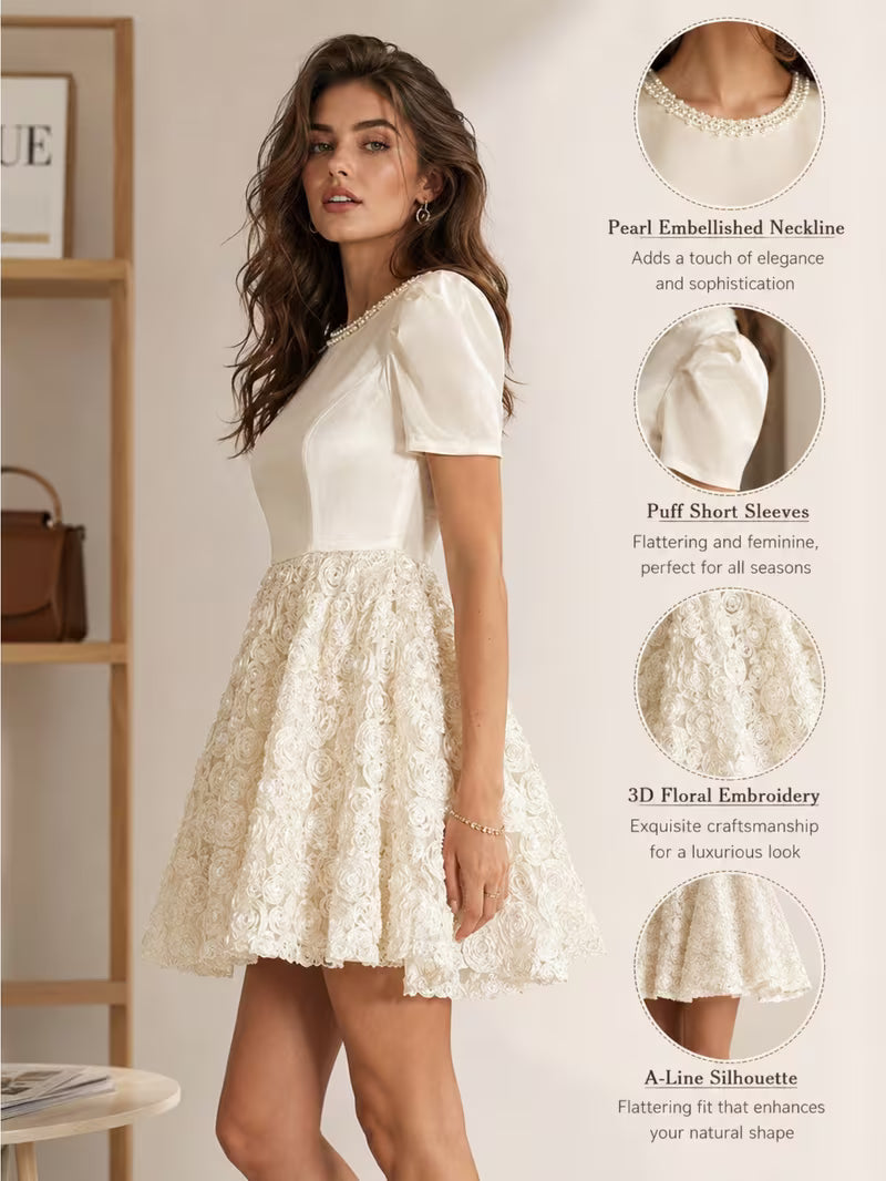 Women'S Puff Short Sleeve Lace Mini Dress High Waisted Comfort Fit for Daily Wear Date Night Look