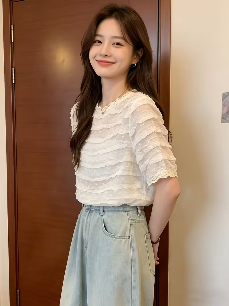 New Summer Style Elegant Lace Trim Short Sleeve Chiffon Blouse for Women, Chic and Pretty Top, Fresh and Popular Item
