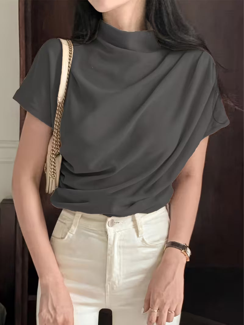 Women's French-Style Asymmetrical Pleated Semi-High Neck T-Shirt, Elegant and, New Summer Style, Chic Short-Sleeve Top