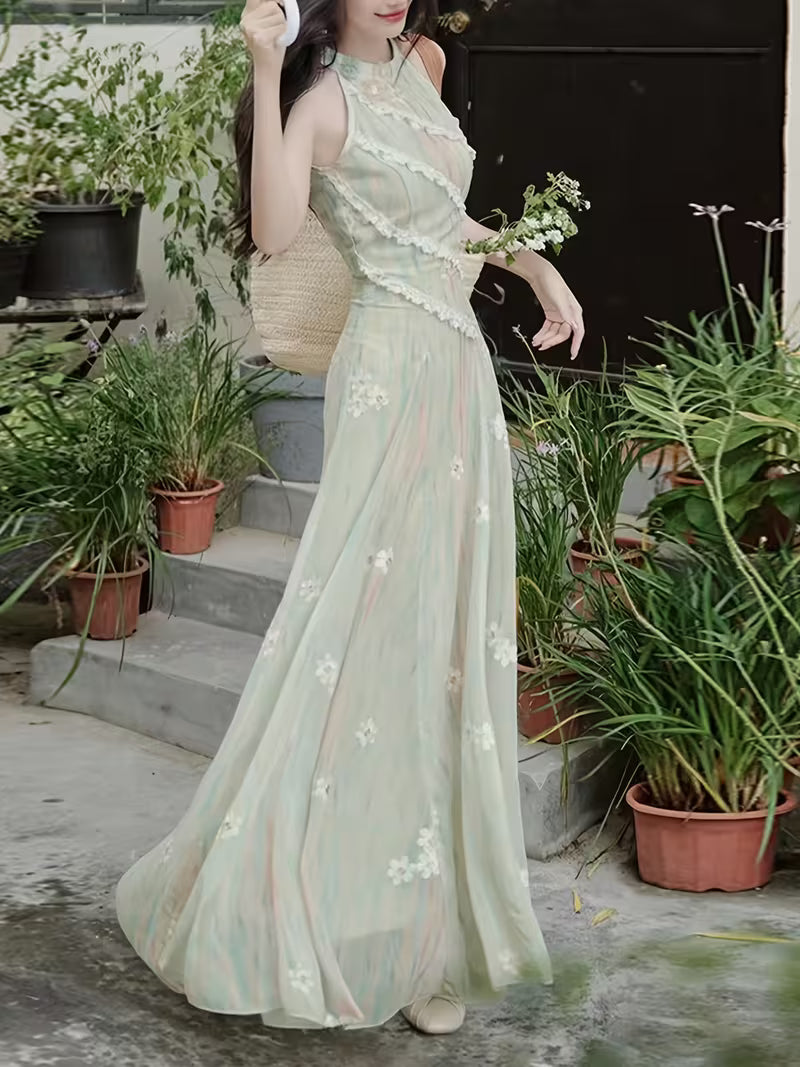 New Fashion Elegant Temperament Vacation Style Lace Striped Decorative Off-The-Shoulder Waist-Cinching Dress, Women'S Long Dress