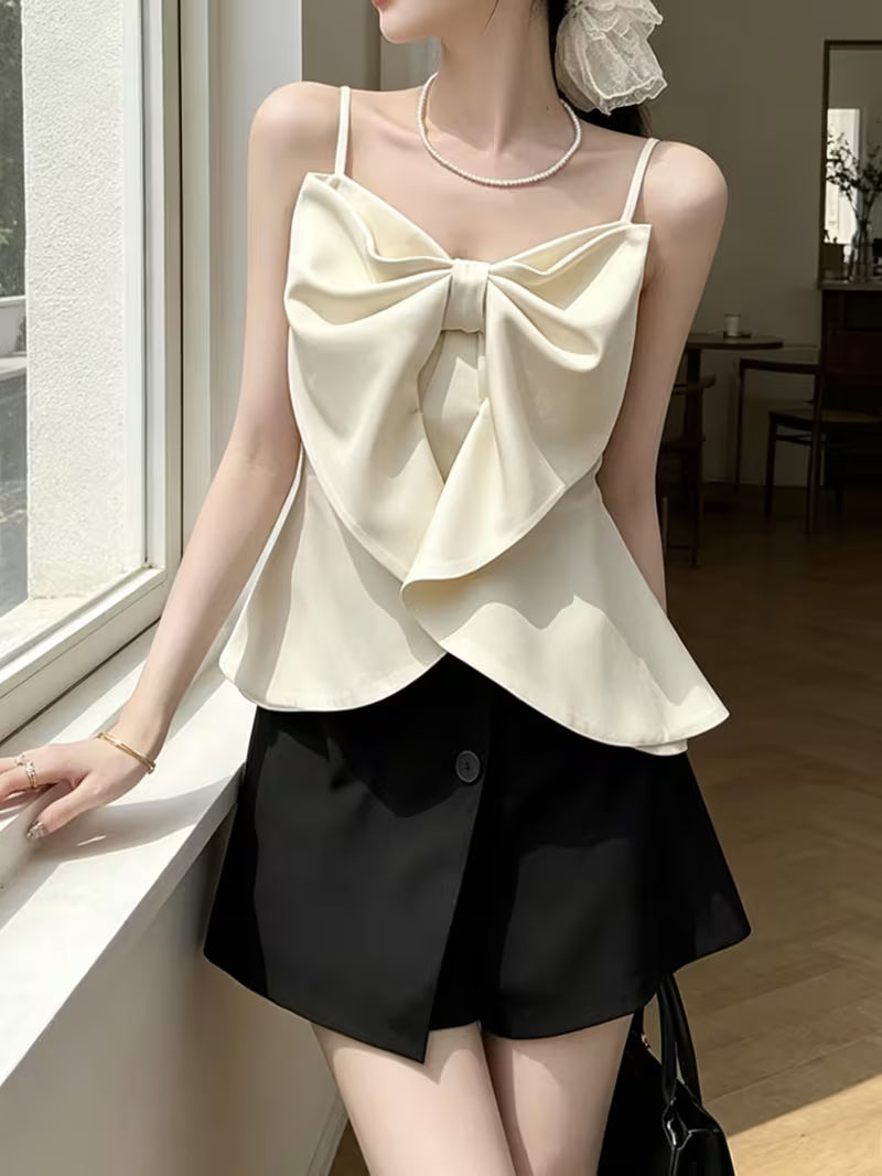 Summer French-Style Large Bow Strappy Camisole for Women, Relaxed Fit Figure-Flattering Niche Design Hot Top