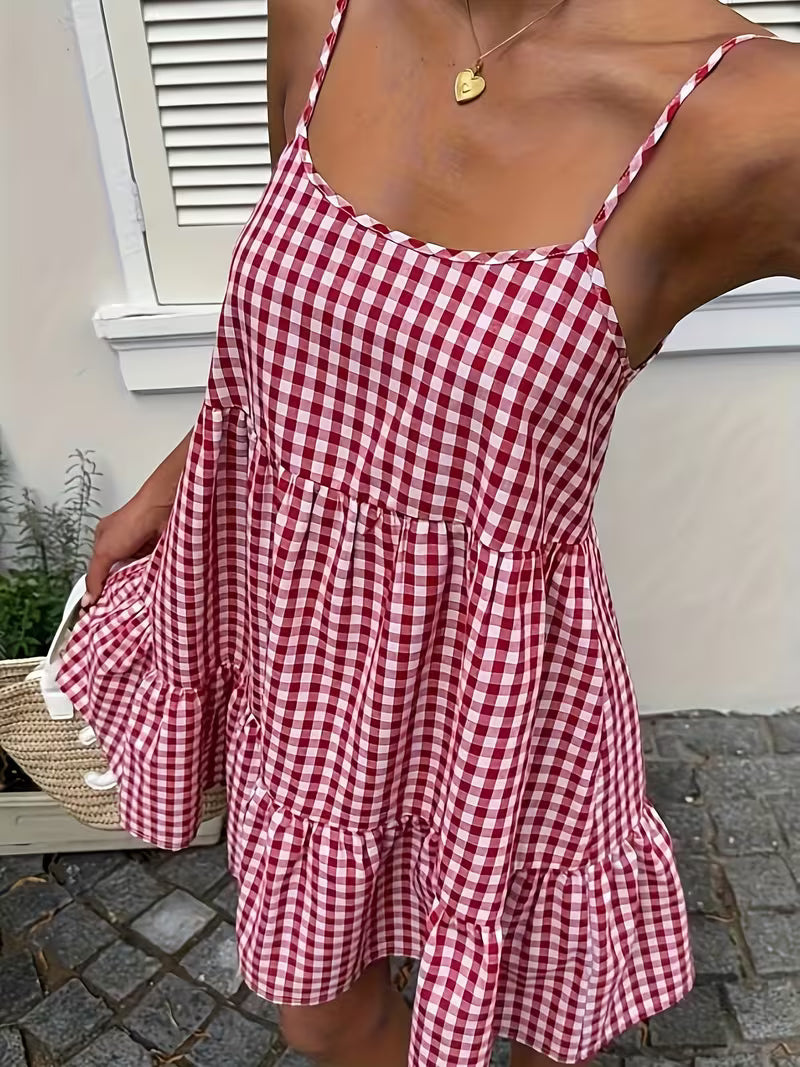 Women'S Summer Sleeveless Off-Shoulder Checkered Dress - a Casual Layered Skirt with Ruffles, Lightweight And Machine Washable