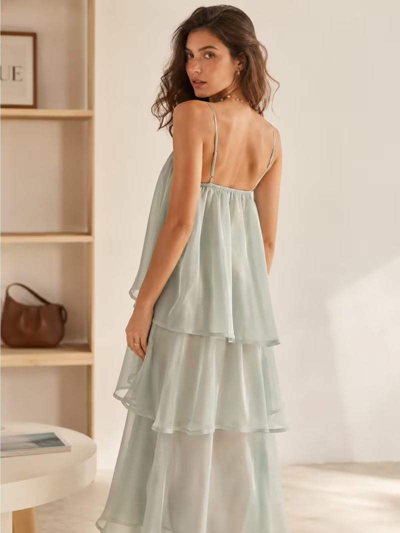 Women Spaghetti Strap Long Dress Layered Cake Skirt Breathable Relaxed Silhouette for Vacation Casual Daily Wear