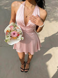 Spring Summer New Solid Color Halter Neck Dress, Deep V Neck with Side Waist Ruching And A-Line Short Skirt, Gentle Style Date Party Evening Dress
