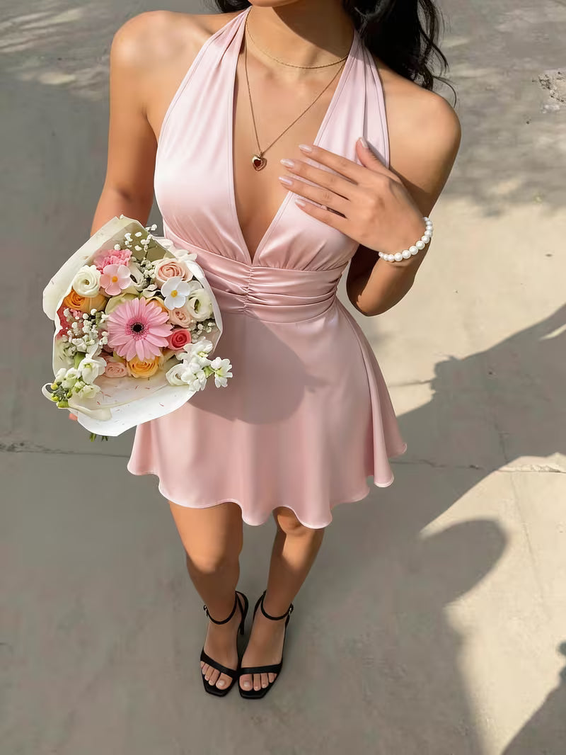 Spring Summer New Solid Color Halter Neck Dress, Deep V Neck with Side Waist Ruching And A-Line Short Skirt, Gentle Style Date Party Evening Dress